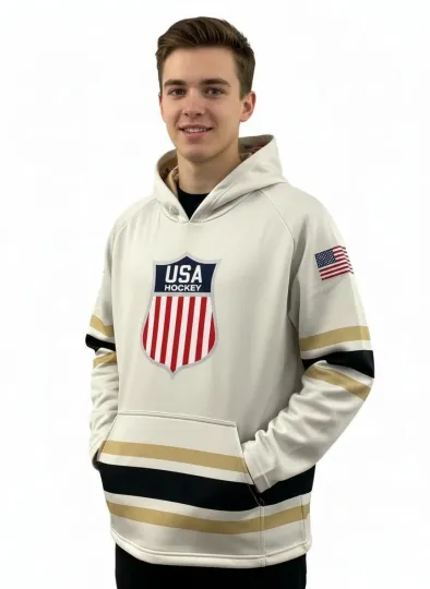 Discover USA Hockey Shield Logo Vintage White Performance Hoodie