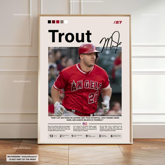 Discover Mike Trout Poster, Trout Baseball, Framed MLB Print, Baseball Sports Decor, Baseball Artwork, Trout Baseball, Iconic Players, Posters, Print