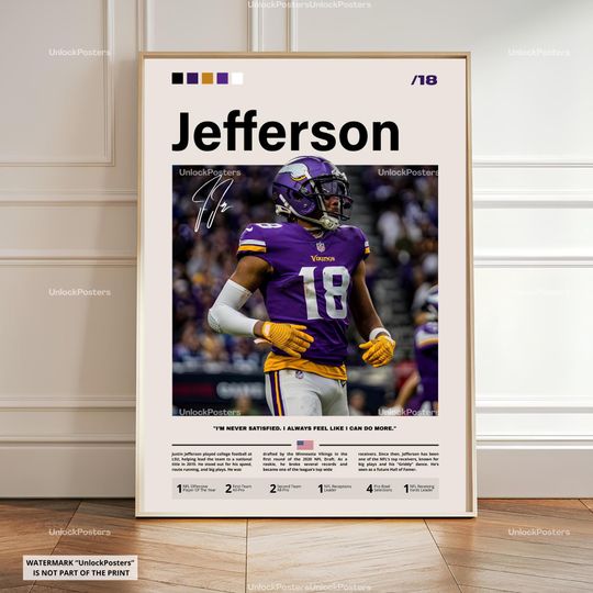 Discover Justin Jefferson Poster, Jefferson Vikings, Framed football Football Print, American Football Decor, Wide Receiver Artwork, Wall Art, Icon Player