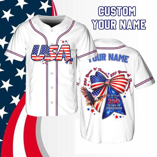 Discover Personalized USA Baseball Jersey, Custom Name Shirt, American Flag Shirt For Baseball Fans, 250 Years of Freedom Independence Day Jersey