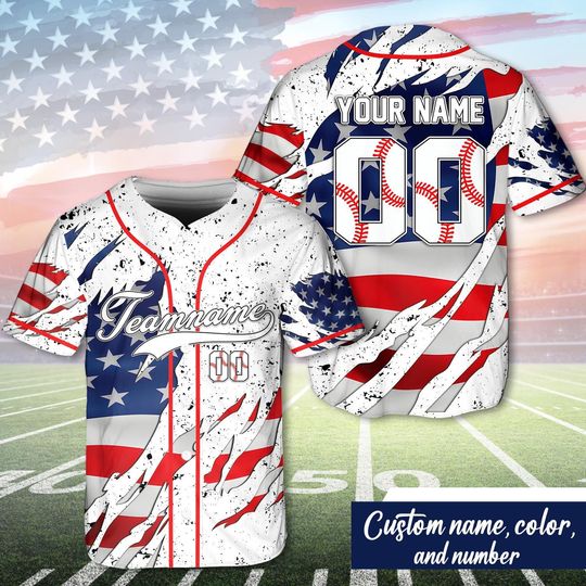 Discover Custom American Flag Baseball Jersey, Personalized Team Name And Number, Patriotic Sportswear for Men And Women, USA Independence Day Gift