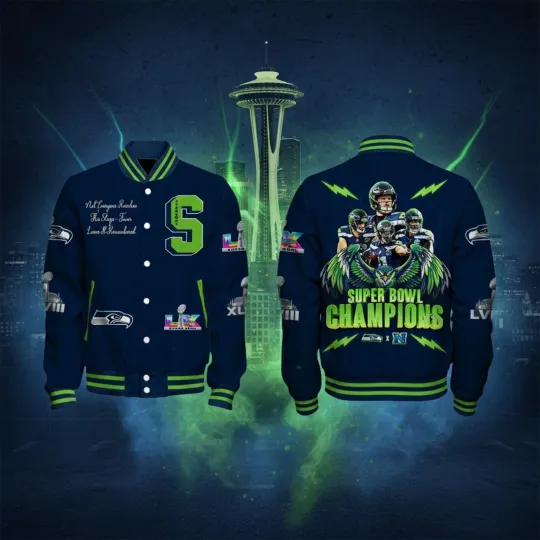 Discover Seahawks Super Bowl LX Champions  All Over Print Baseball Jacket