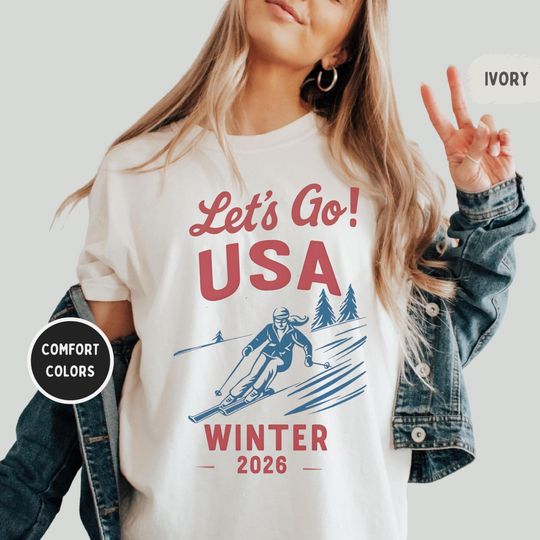 Discover USA Ski Shirt, Comfort Colors 1717, Let's Go USA Ski Shirt, Winter 2026 Retro Patriotic Tee, Vintage Distressed Skiing Graphic Unisex