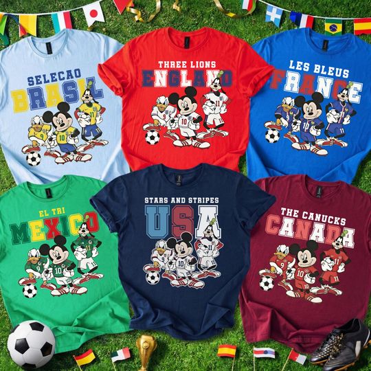 Discover Disney Football Shirt, Mickey and Friends Soccer Tee, Retro National Team Jersey, Brazil England USA France Mexico Canada, Sports Fan Gift