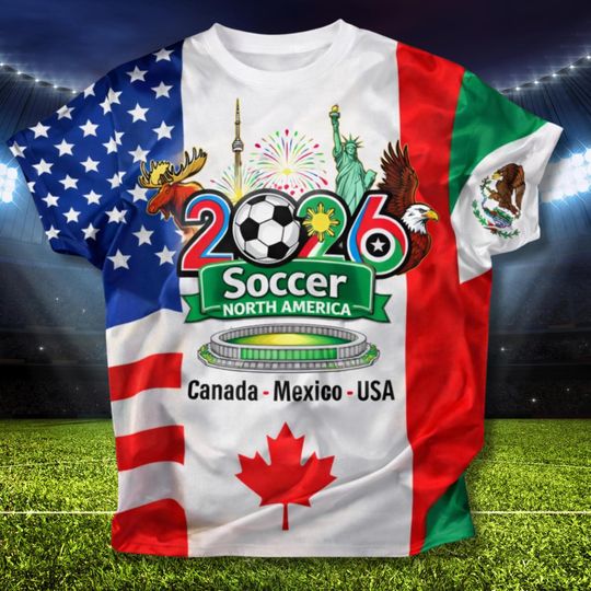 Discover 2026 North America Soccer Fan Shirt, Canada Mexico USA Flag Collage Tee, Stadium Fireworks Graphic, Unisex Game Day Supporter Gift