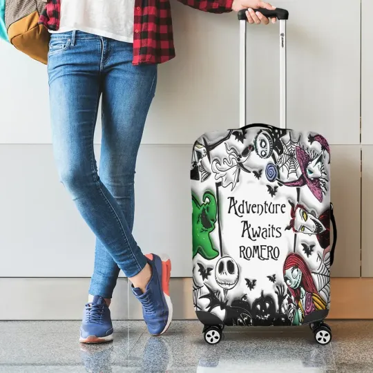 Personalized Jack & Sally Nightmare Adventure Awaits Luggage Cover, Gift For Her