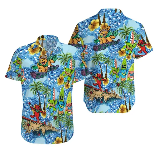 Discover Funny Bear Surfing Tropical Hawaiian Shirt