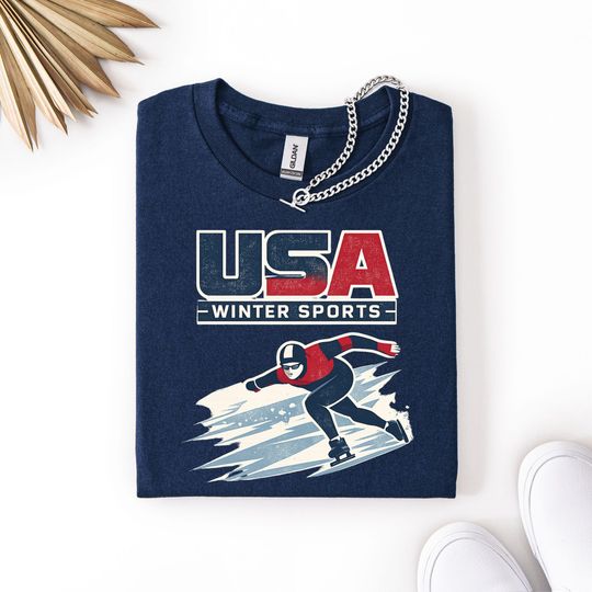 Discover USA Winter Sports Shirt, Speed Skating Graphic Tee, Vintage Athletic Ice Skater T-Shirt, Patriotic Sports Gift, Winter SPORTS 2026