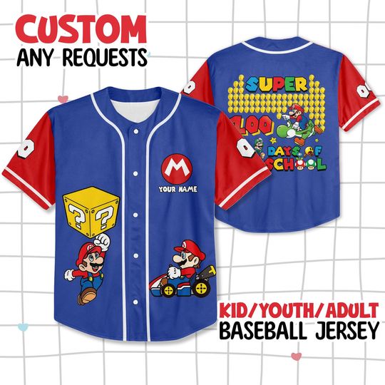 Discover Custom Mario 100 Days Of School Baseball Jersey, Super Mario 100th Day of School Shirt Video Game 100 Days Shirt Mario Bros 100th Day Shirt