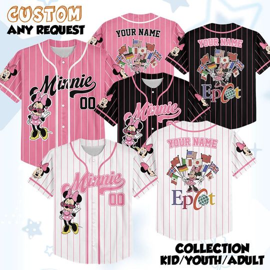 Discover Personalized Minnie Flags of Nations Epcot Baseball Jersey, Vintage 90s Style WDW Epcot World Tour Kids Youth Adult Baseball