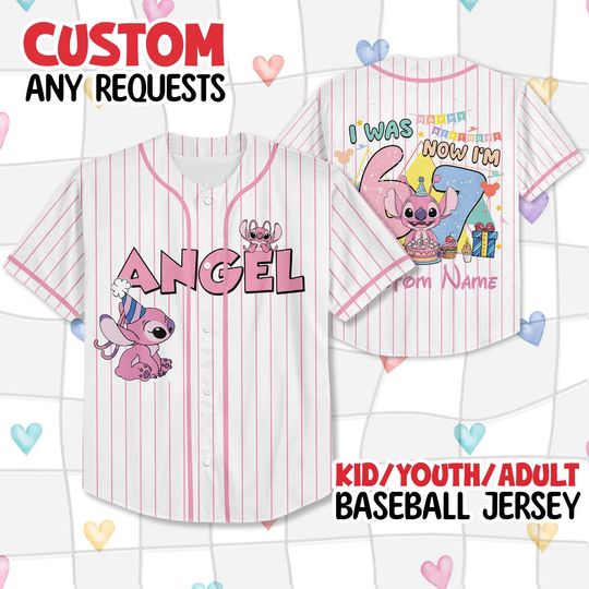 Discover Personalized Stitch And Angel 7th Birthday Baseball Jersey, I Was 6 Now Im 7 Kids Disney Birthday Jersey, Disneyland Family 67 Six Seven