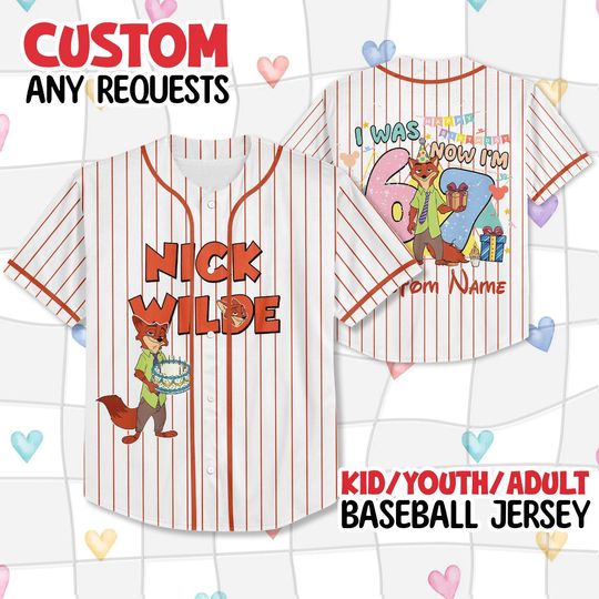 Discover Personalized Nick Wilde Zootopia 7th Birthday Baseball Jersey, I Was 6 Now Im 7 Kids Disney Birthday Jersey, Disneyland Family 67 Six Seven