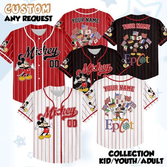 Discover Personalized Mickey Flags of Nations Epcot Baseball Jersey, Vintage 90s Style WDW Epcot World Tour Kids Youth Adult Baseball