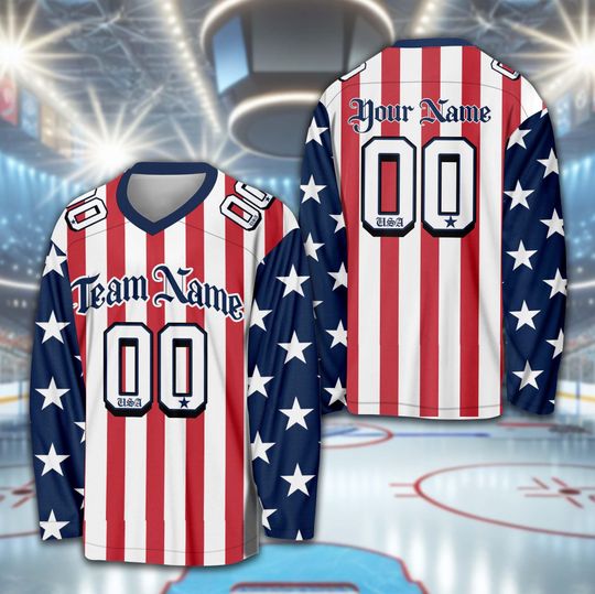 Discover Personalized Name Number Patriotic Hockey Jersey, Custom USA Flag 4th Of July Hockey Shirt, Stars & Stripes Game Day Outfit For Hockey Fans