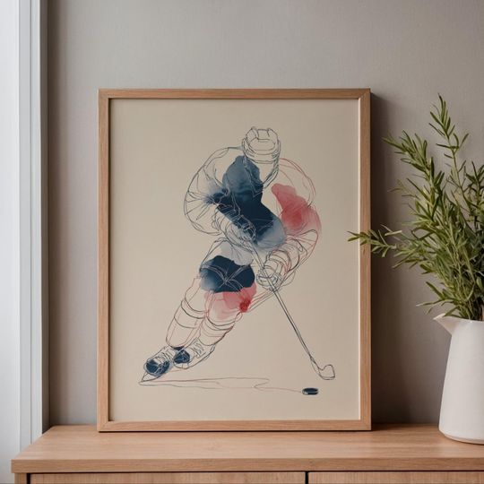 Discover USA Ice Hockey Player Line Art Print, Red Blue Watercolor Poster (Digital Download)