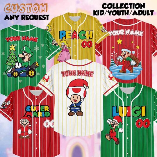 Discover Personalized Super Mario Christmas Baseball Jersey, Mario Luigi Peach Very Merry Christmas Holiday, Mario Family Christmas Matching Shirt