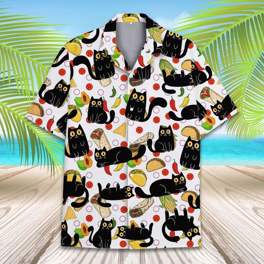 Cat and Taco Hawaiian Shirt Men Women Youth, Fun Colorful Shirt for Cat Lovers, Tropical Summer Shirt Button-Up Short Sleeve