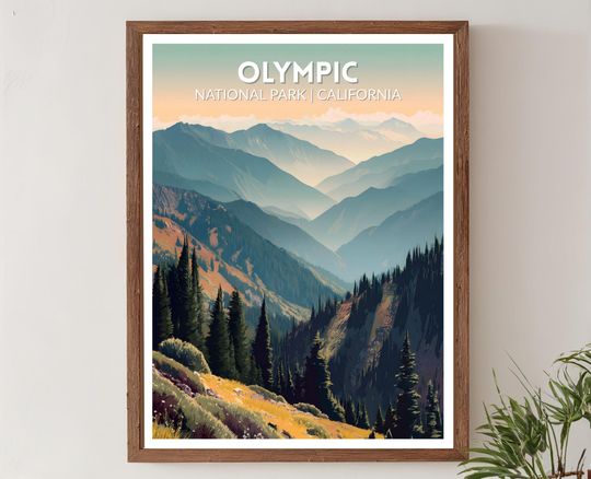 Discover Olympic National Park, United States Retro Travel Poster, Mid Century Modern Vintage Landscape Art