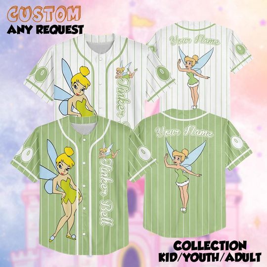 Discover Personalized Tinker Bell Collection Baseball Jersey, Custom Disney Tinkerbell Jersey Shirt, Peter Pan Baseball Team Outfit, Birthday Gift