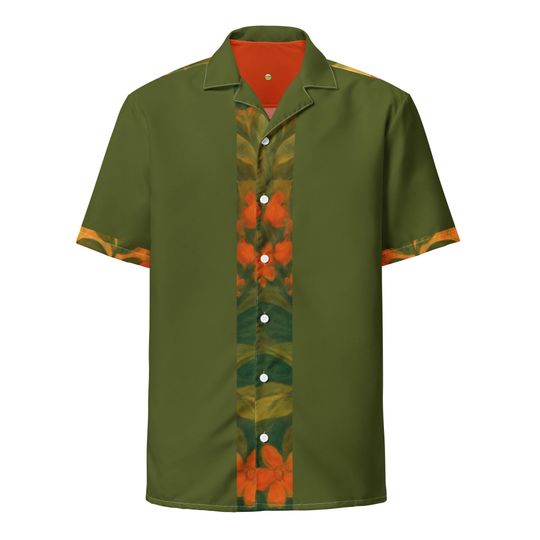Floral Trim Guayabera Inspired Shirt | Burnt Orange Accents, Olive Green Resort Style