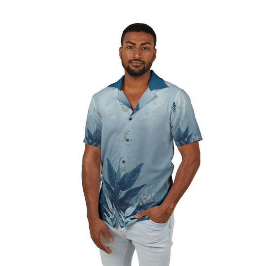 Discover Tropical Elephant Camp Shirt, Blue Jungle Print, Vacation Resort Wear