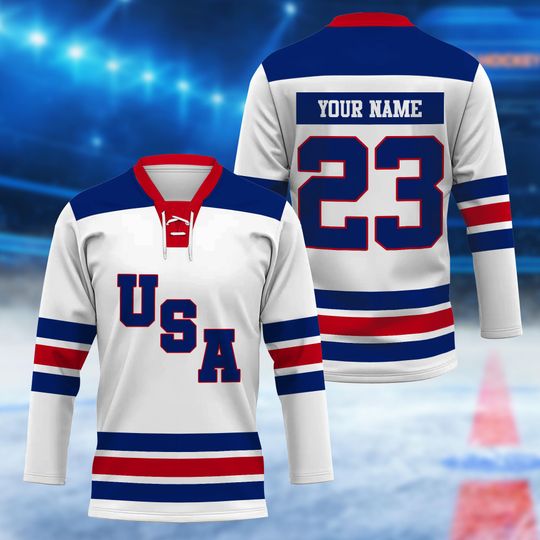 Discover Custom USA Lace Neck Hockey Jersey, Personalized Name & Number Ice Hockey Shirt, Hockey Uniform, Mens Womens Fan Gift