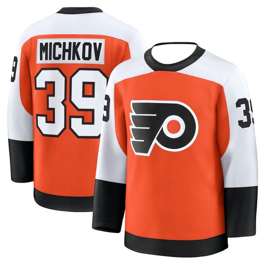 Discover Hockey Jersey - Orange with White/Black Accents "Michkov 39" Classic "P" Logo Athletic Jersey 3d HD Prints