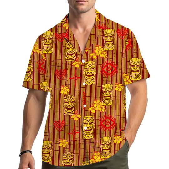 Discover Tiki Mask Hawaiian Shirt Men Women Youth, Colorful Tiki Aloha Shirt, Short Sleeve Button-Down Summer Shirt, Vibrant Tropical Beach Shirt