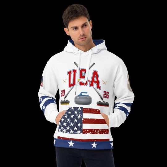 USA Curling- Hoodie, WHITE,   All Over Print Product, Expect three weeks for delivery
