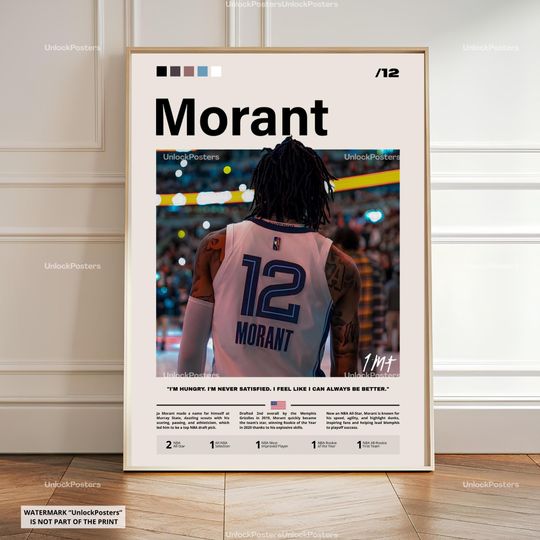 Discover Ja Morant Poster, NBA Rising Star, Framed Memphis Grizzlies Print, Basketball Wall Art, Memphis Grizzlies Decor, Morant Basketball Artwork