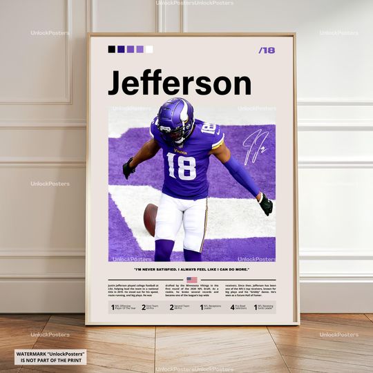 Justin Jefferson Poster, Jefferson Vikings, football Print, Football Fan Decor, Minnesota Vikings Artwork, Jefferson Wall Art, football Star