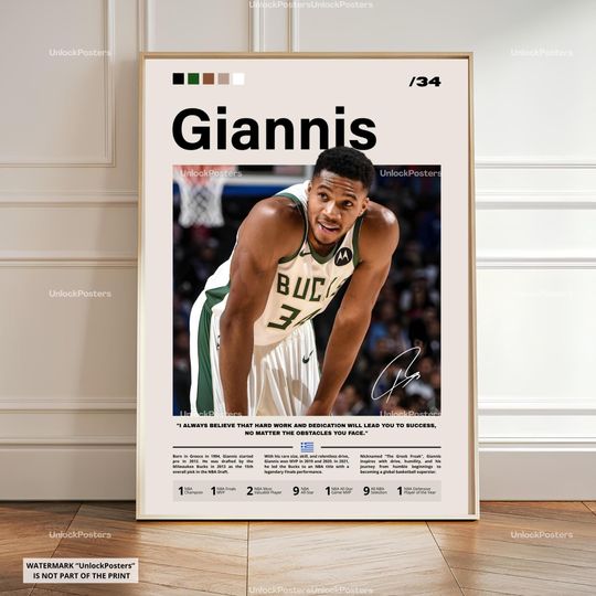 Giannis Antetoko Poster, Milwaukee Bucks MVP, NBA Basketball Print, Basketball Wall Art, Bucks Decor, Giannis Basketball Gift, Wall Art