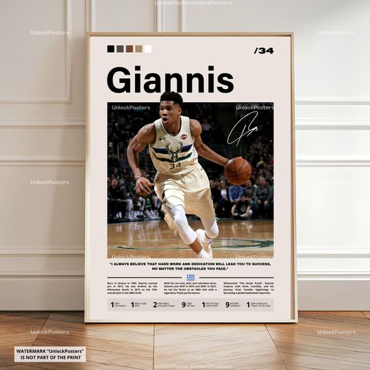 Giannis Antetoko Poster, Milwaukee Bucks MVP, NBA Basketball Print, Basketball Wall Art, Bucks Decor, Giannis Basketball Gift