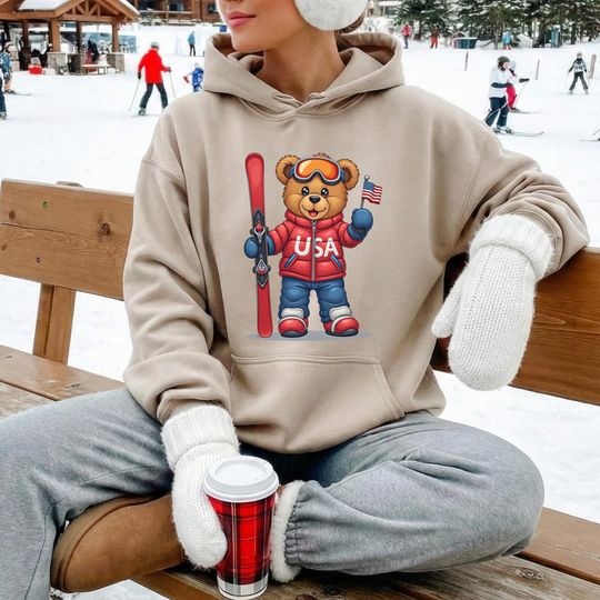 Discover USA Winter 2026 Sweatshirt & Hoodie, USA Skiing Teddy Bear Sweatshirt, 2026 Winter Sports Crewneck, Italy Winter Sports Crewneck