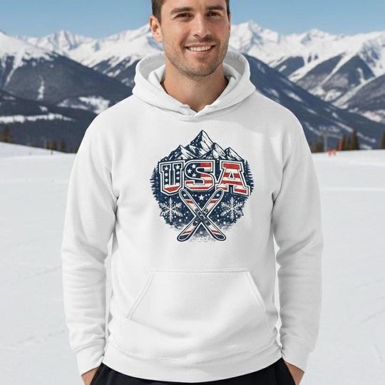 Discover USA Ski Hoodie  Winter Sports Graphic Sweatshirt, Patriotic Mountain Snow Hoodie, American Winter Fan Pullover