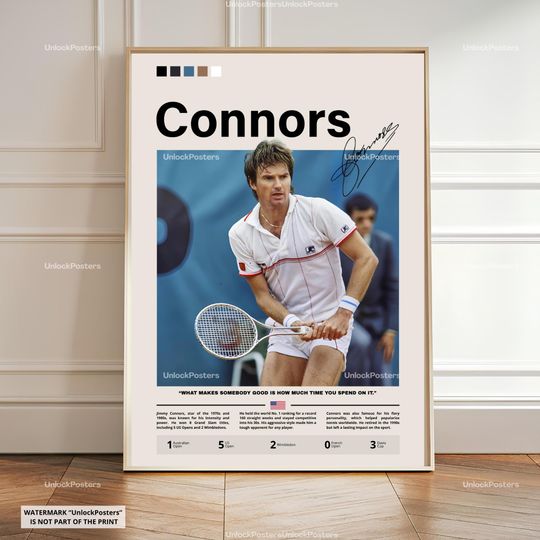 Discover Jimmy Connors Poster, Tennis Legend, Framed Tennis Print, Grand Slam Decor, Vintage Sports Artwork, Connors Wall Art, Tennis Icon, Wall Art