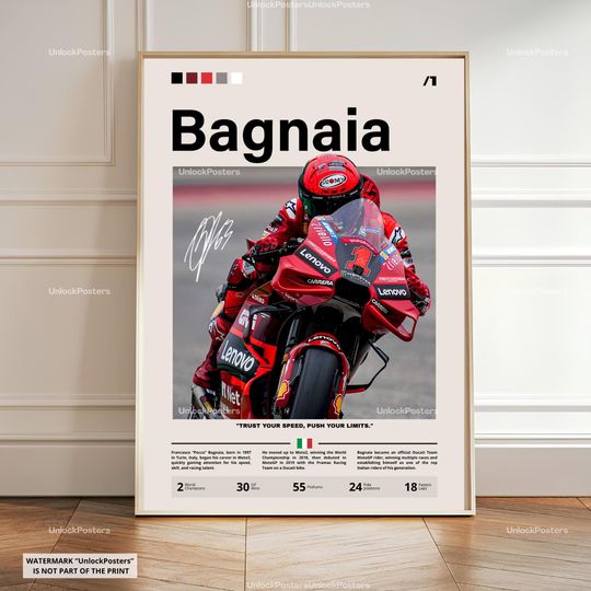 Discover Pecco Bagnaia Poster, Bagnaia Ducati Wall Art, Framed Bagnaia MotoGP Print, Motorsport Grand Prix Decor, Moto Racing Artwork, Bagnaia MotoGP