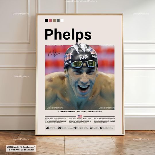 Discover Michael Phelps Poster,  Phelps Print, Swimming Decor, Olympic Champion Print, Athlete Fan Gift Idea, Sports Room Poster, Phelps Wall Art