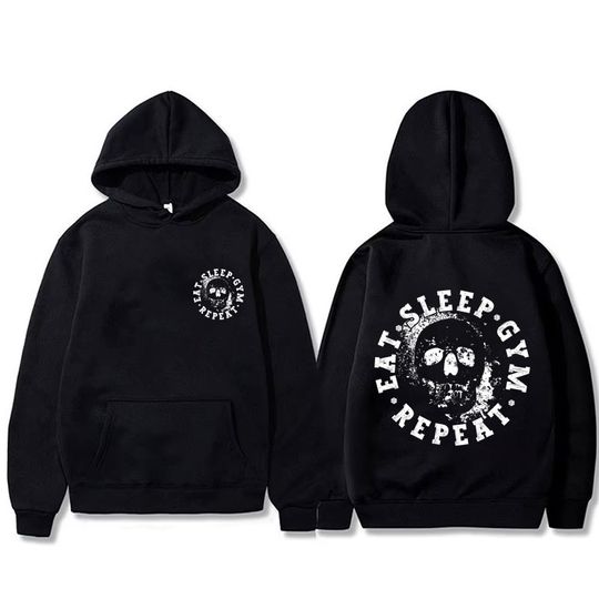 Discover Eat Sleep Gym Repeat Double Sided Graphic Hoodie Men Women Gym Fitness Sweatshirt Funny Skeleton Unisex Oversized Fleece Hoodies