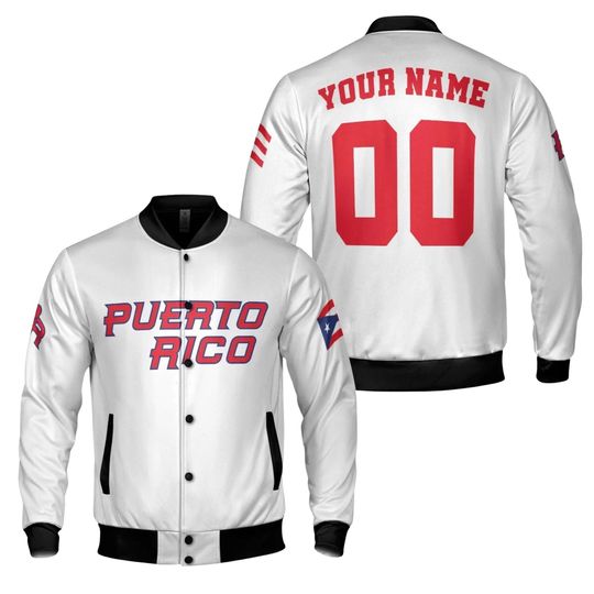 Personalized Puerto Rico Varsity Jacket, Custom Name & Number Baseball Bomber Coat, White Button Up Unisex Gift for Fans, PR Flag Streetwear