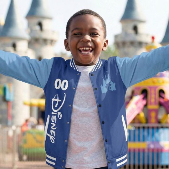 Discover Custom Disney Castle Blue Varsity Jacket Personalized Mickey Mouse Baseball Coat Family Vacation 2026 Matching Outfit Magic Kingdom Team