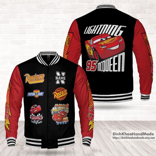Discover Personalized Lightning McQueen Car Kids and Youth Baseball Jacket, Aldult Unisex Varsity Baseball Jacket