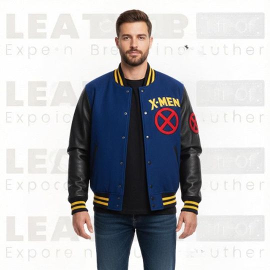 X-Men Superhero Inspired Mens Varsity Jacket  Blue & Black Letterman Style Bomber Coat