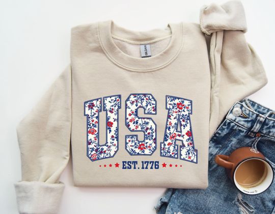 Discover Floral USA Sweatshirt, Patriotic 4th Of July Sweater