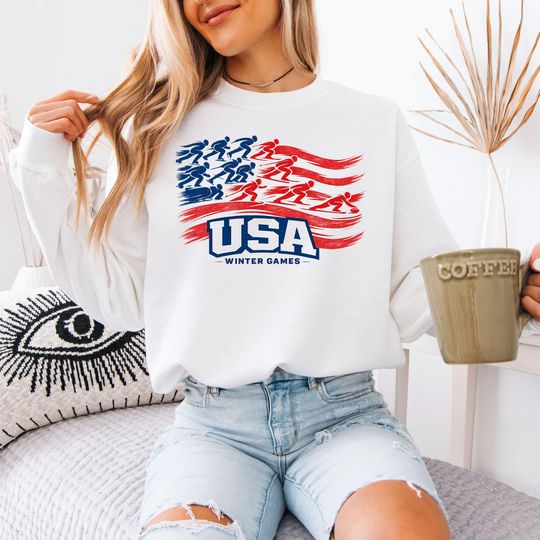 Discover USA Winter Sports Sweatshirt, USA Milano Cortina 2026 Winter Games, Patriotic Athletic Crewneck, American Flag Sports Design, Cozy Pullover