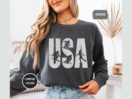Discover USA Winter Sports 2026 Distressed Sweatshirt, Comfort Colors 1566 Crewneck, Skier Snowboarder Skater, Vintage Athletic, Unisex Multi-Color