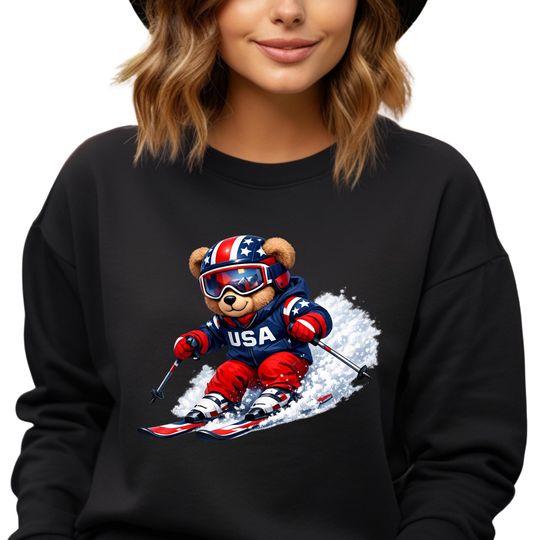 Discover USA Ski Team Unisex Sweatshirt, 2026 Winter Crewneck, Skiing Teddy Bear Pullover