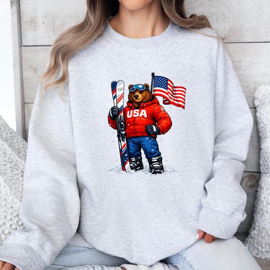 Discover USA Winter 2026 Sweatshirt, 2026 Winter Sports Crewneck, USA Skiing Grizzly Bear Sweatshirt, Italy Winter Sports Crewneck