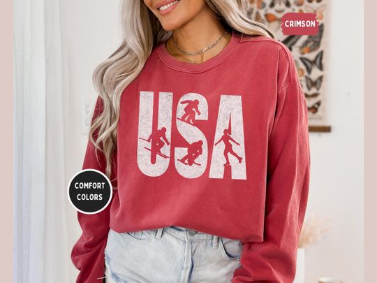 Discover USA Winter Sports 2026 Distressed Sweatshirt, Comfort Colors 1566 Crewneck, Skier Snowboarder Skater, Vintage Athletic, Unisex Multi-Color
