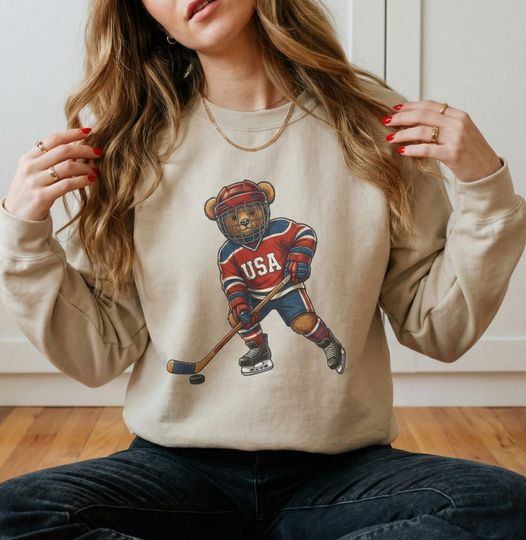 Discover USA Teddy Bear Sweatshirt, Winter Hockey Crewneck, Ice Hockey Fan Sweater, Cute Hockey Bear Sweater